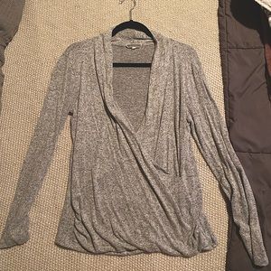 Super soft, grey, faux wrap sweater